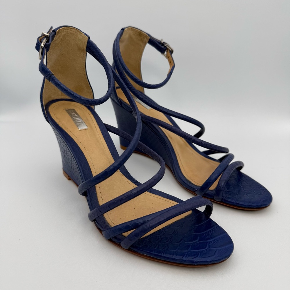 Schutz Carolah Olympian Blue Snake Embossed Leather Strappy Wedge Sandal 8.5 Y2K